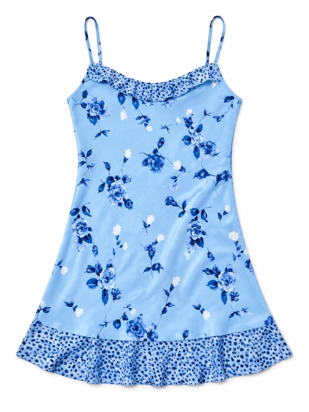 Secret Treasures Blue Floral Satin Chemise with Ruffle Trim